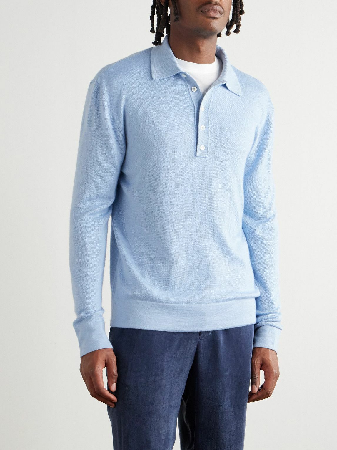 UMIT BENAN - Sunset Slim-Fit Cashmere and Silk-Blend Polo Shirt - Blue