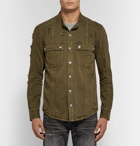 Balmain - Slim-Fit Grandad-Collar Distressed Denim Shirt Jacket - Men - Army green