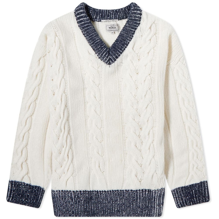 Photo: Daniëlle Cathari Women's x Woolrich Oversized Cable Knit in White/Blue