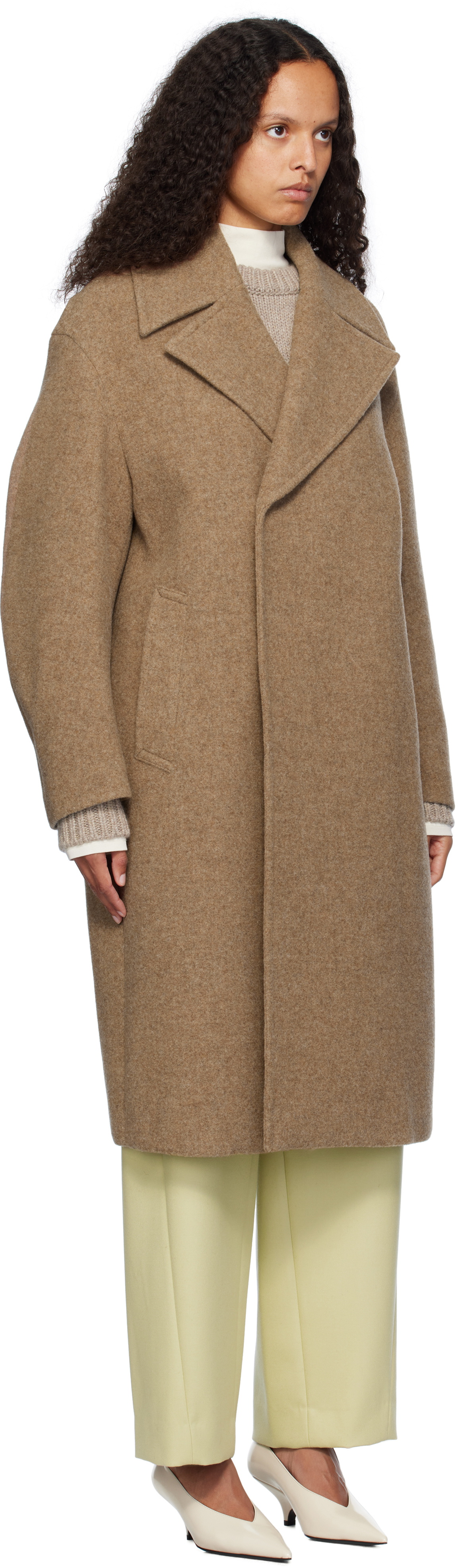 AURALEE Brown Sponge Wool Melton Double-Breasted Coat Auralee