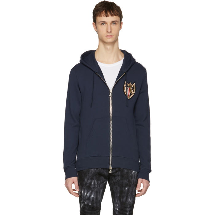 Photo: Balmain Navy Badge Zip Hoodie