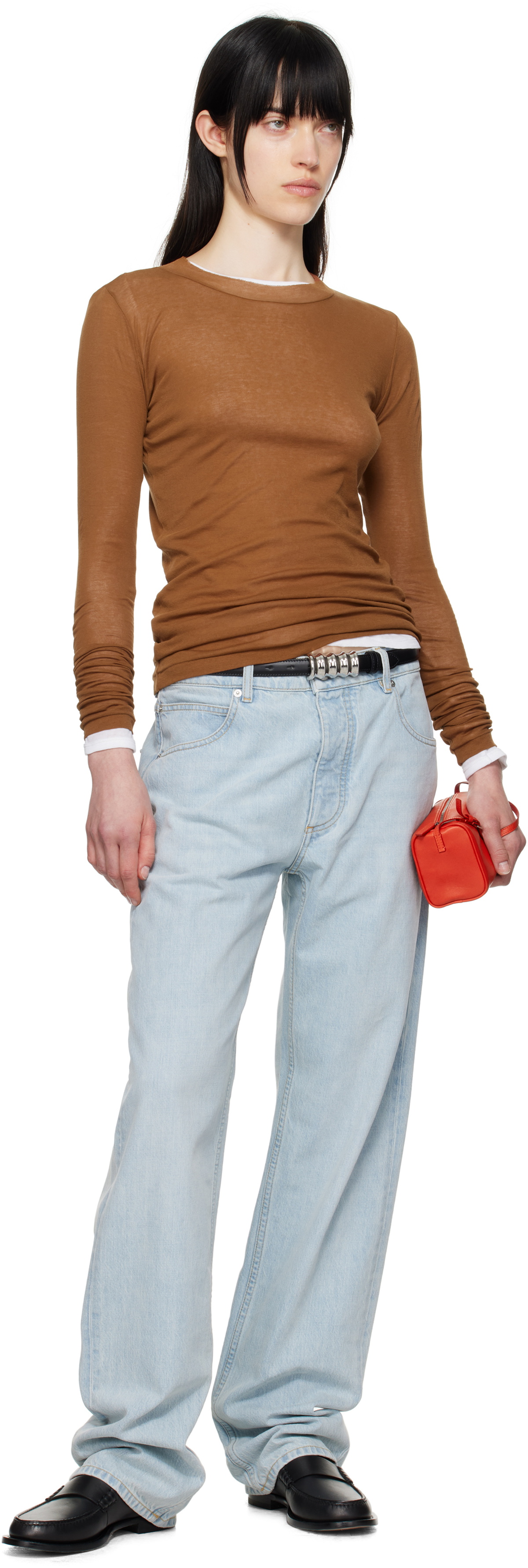 AURALEE Brown Super High Gauge Sheer Long Sleeve T-shirt