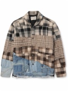 Greg Lauren - Patchwork Denim-Trimmed Checked Flannel Overshirt - Brown