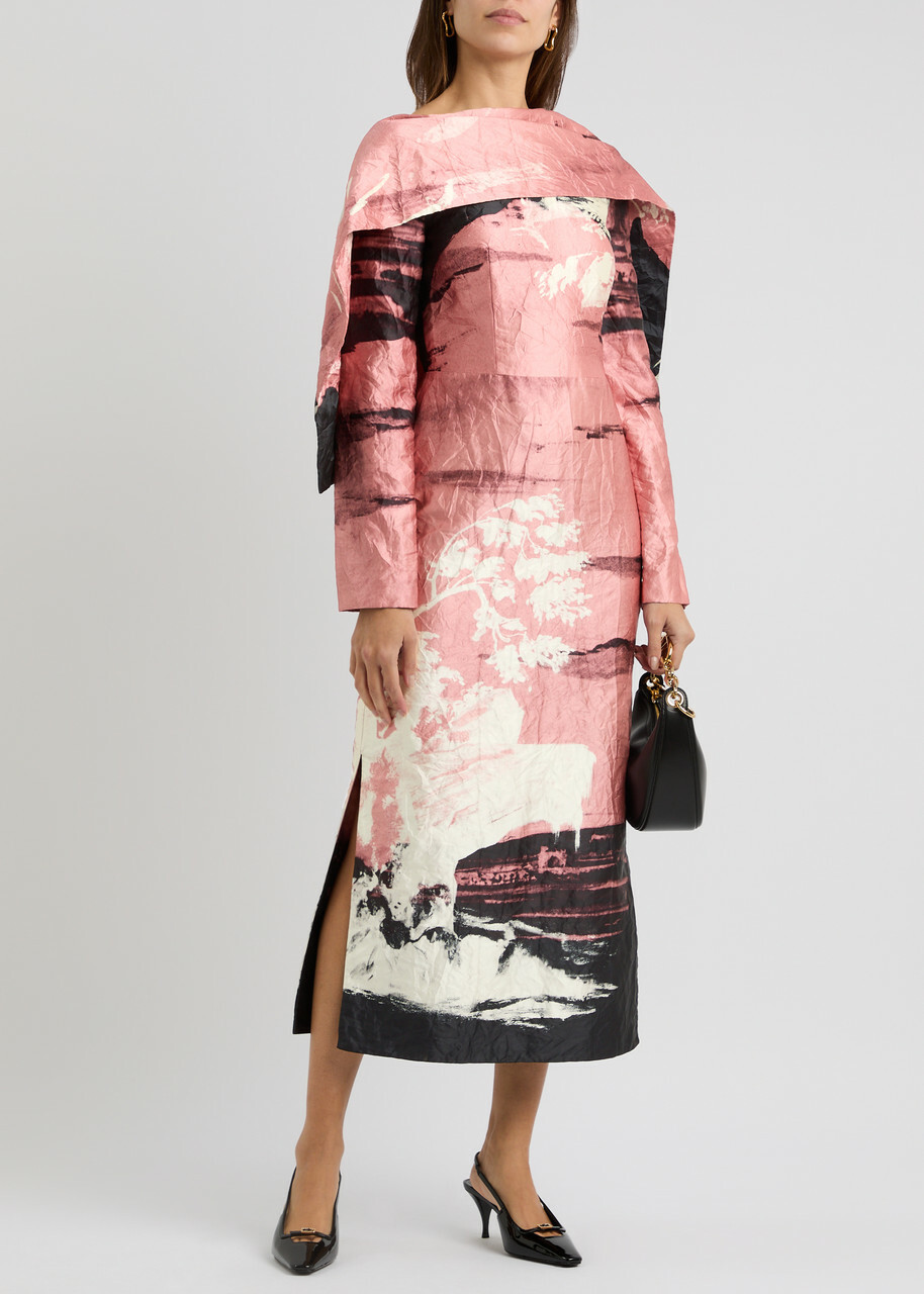 Erdem Printed Cape-effect Satin Midi Dress Multi Print