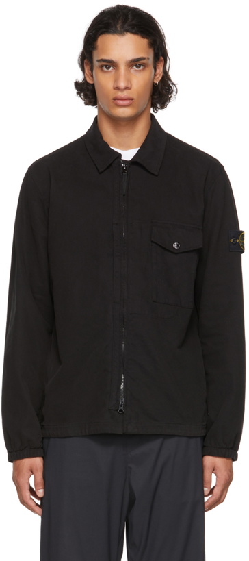 Photo: Stone Island Black Cotton Textured Brushed Recycled Overshirt Jacket