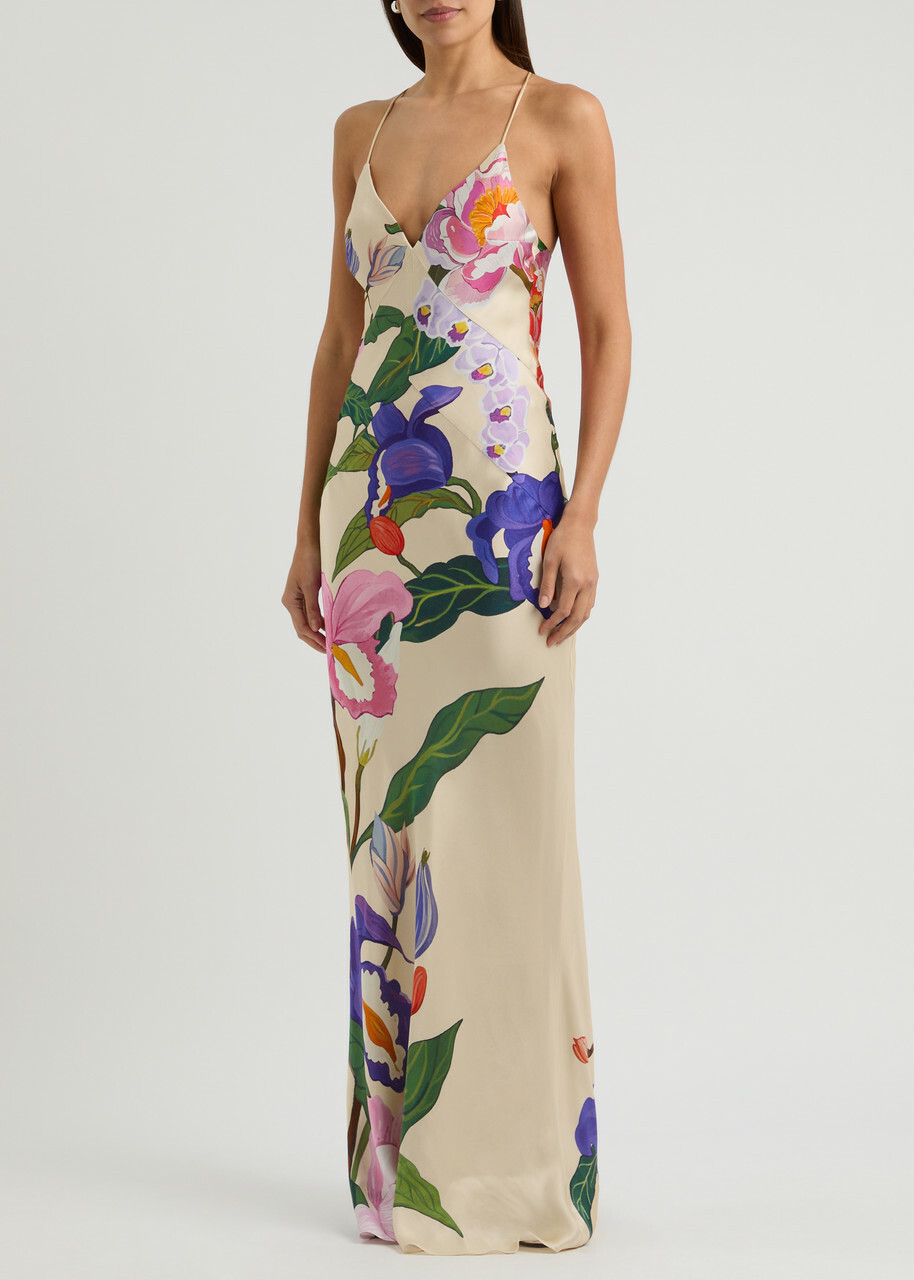 Borgo DE Nor Olive Floral-print Satin Maxi Dress Multicoloured
