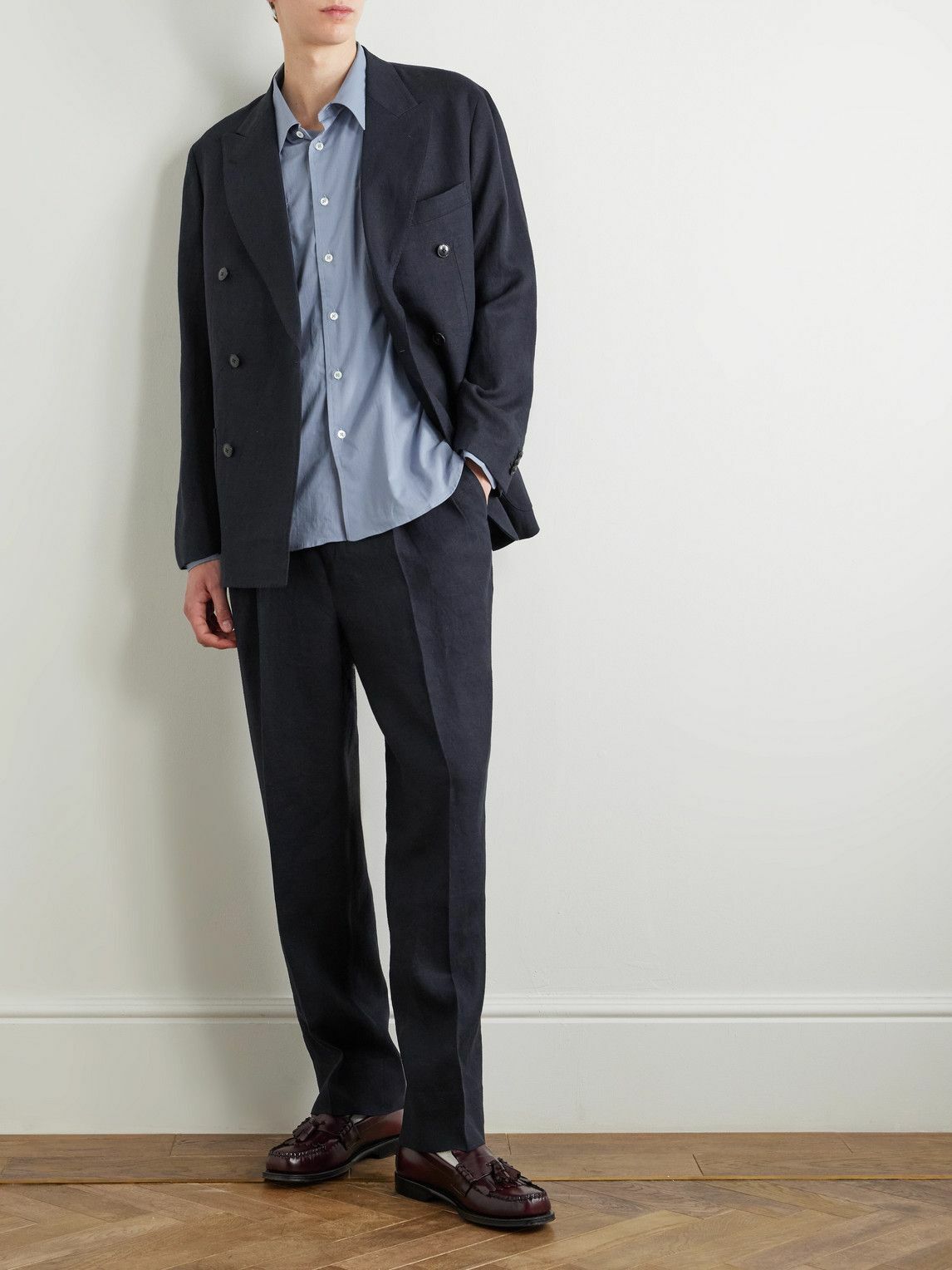 KAPTAIN SUNSHINE テーラードジャケット LARGE ネイビー Kaptain Sunshine - Double-Breasted Linen and Silk-Blend Blazer