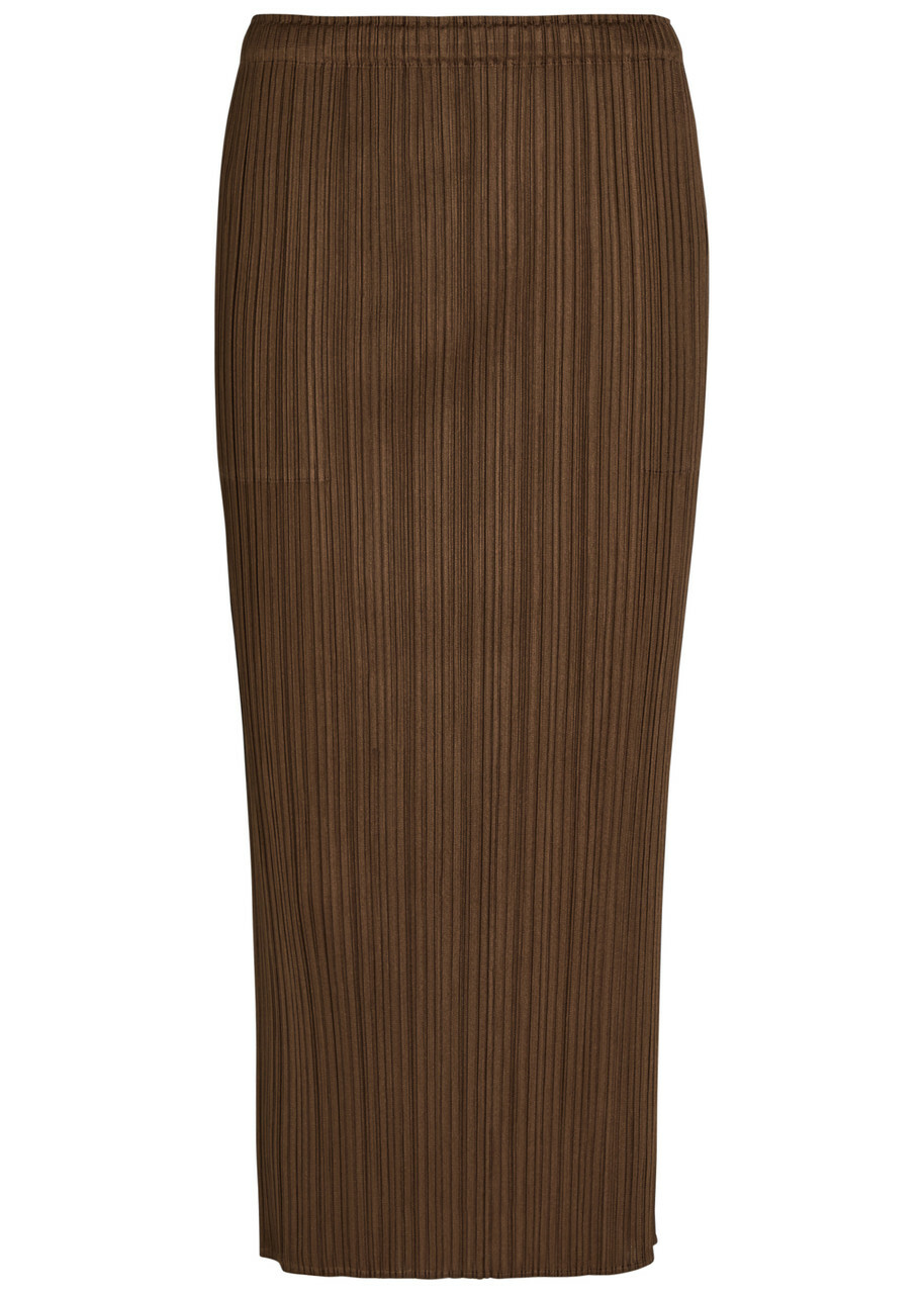 Pleats Please Issey Miyake Pleated Woven Midi Skirt Brown
