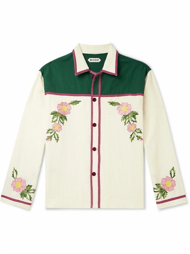 Photo: BODE - Prarie Rose Cutaway-Collar Embroidered Wool-Twill Overshirt - Green