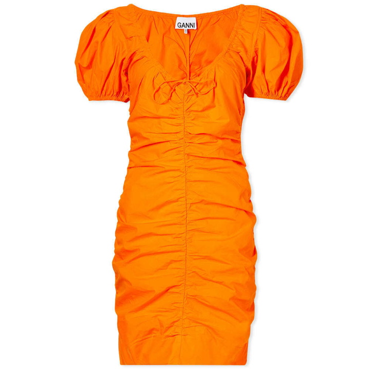Photo: GANNI Women's Cotton Poplin Gathered U-Neck Mini Dress in Vibrant Orange