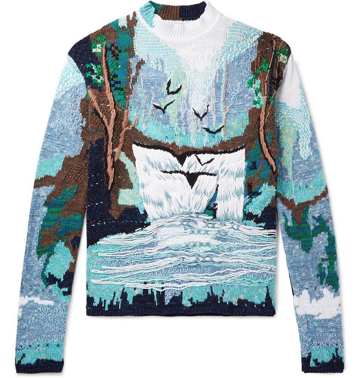 Photo: Off-White - Oversized Embroidered Intarsia Cotton-Blend Sweater - Blue