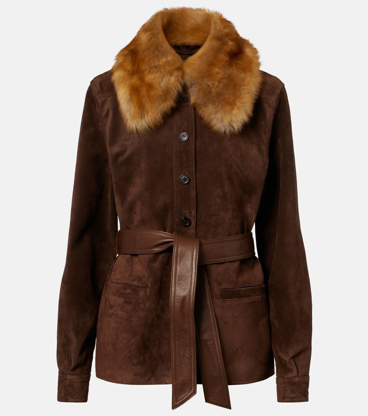 Saint Laurent Belted shearling-trimmed suede jacket