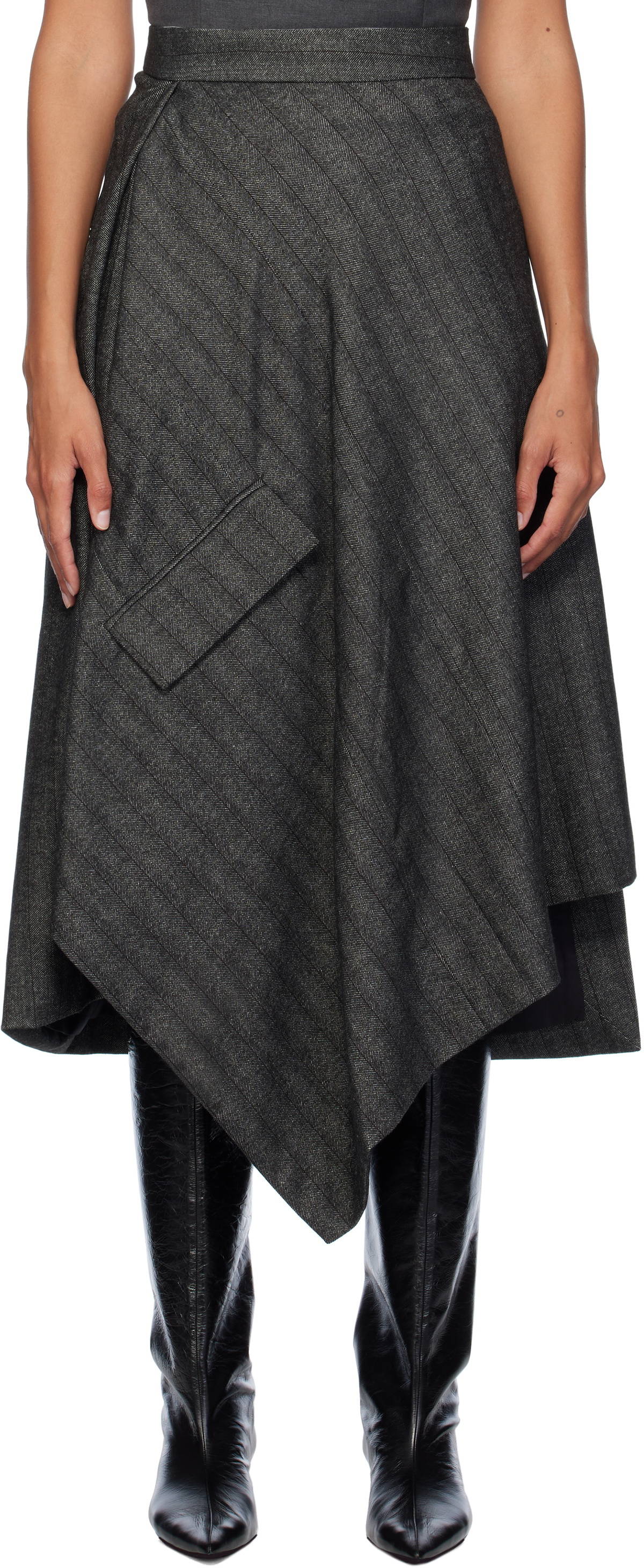 REMAIN Birger Christensen Gray Striped Draped Midi Skirt