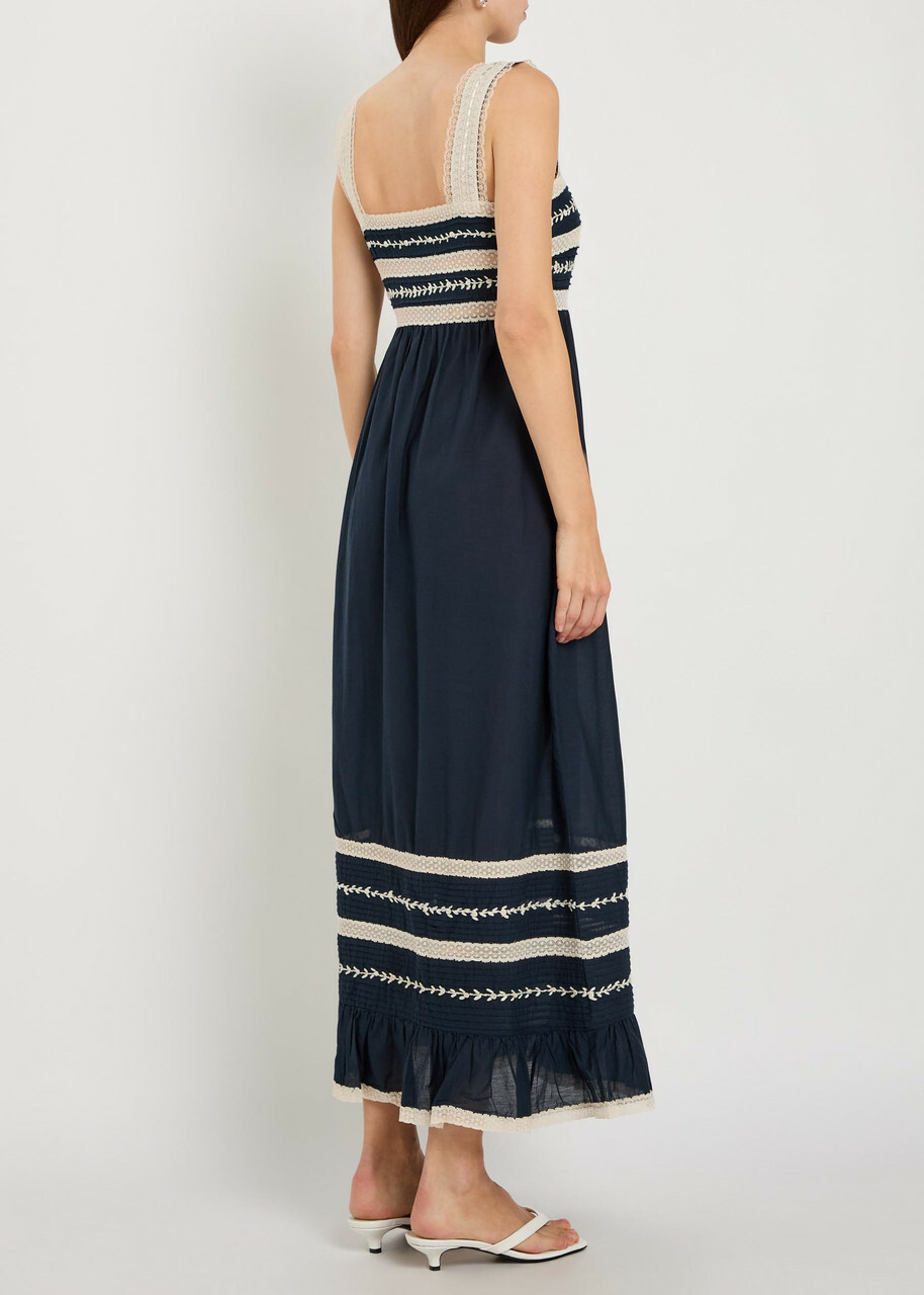 Rixo Malie Lace-trim Cotton-blend Midi Dress Navy