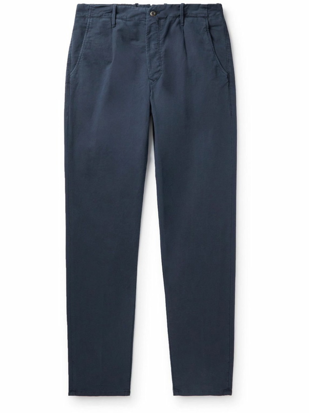 Photo: Incotex - Tapered Pleated Stretch-Cotton Trousers - Blue