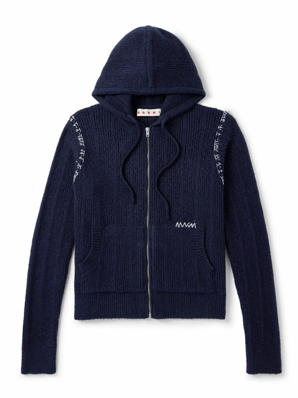 Photo: Marni - Embroidered Ribbed Wool and Cashmere-Blend Zip-Up Hoodie - Blue