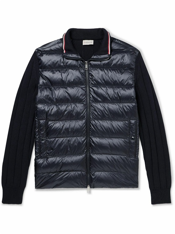 Photo: Moncler - Logo-Appliquéd Ribbed Cotton and Quilted Shell Down Cardigan - Blue