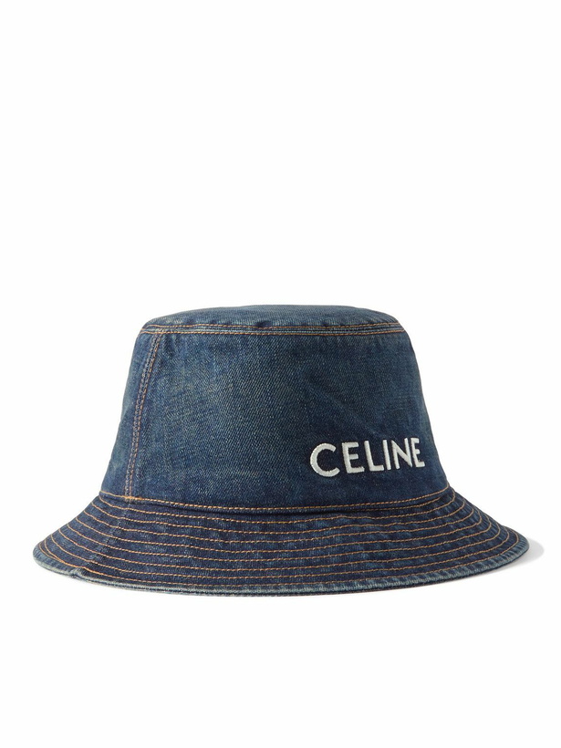 Photo: CELINE - Logo-Embroidered Denim Bucket Hat - Blue