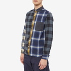 Beams Plus Men's Button Down Flannel Check Panel Shirt in Navy