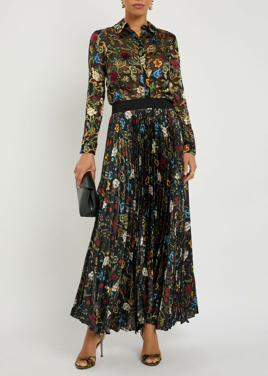 Alice + Olivia Katzz Floral-print Satin Maxi Skirt Black