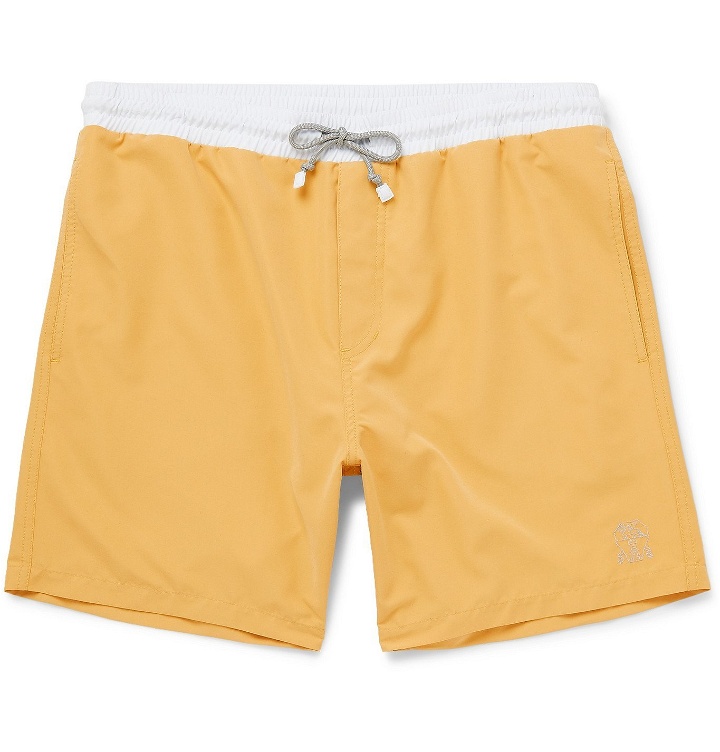Photo: Brunello Cucinelli - Mid-Length Colour-Block Swim Shorts - Yellow