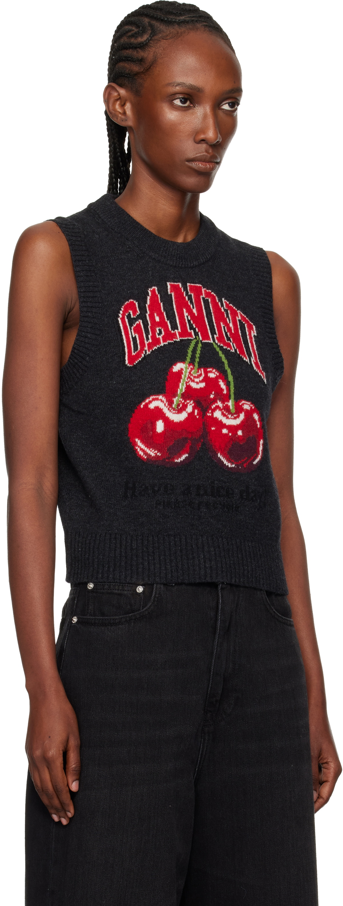 GANNI Gray Graphic Wool Sweater Vest