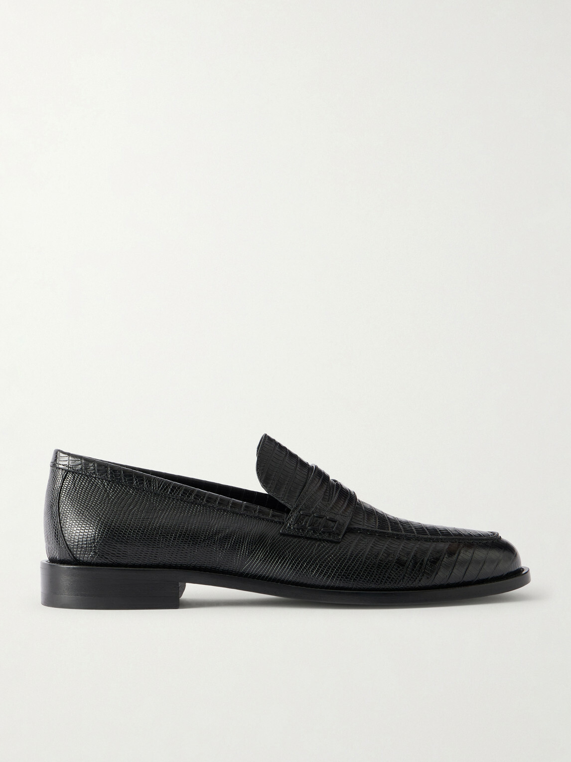 Manolo Blahnik - Perry Lizard-Effect Leather Penny Loafers - Black