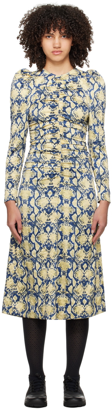 GANNI Blue & Beige Snake Printed Midi Dress GANNI