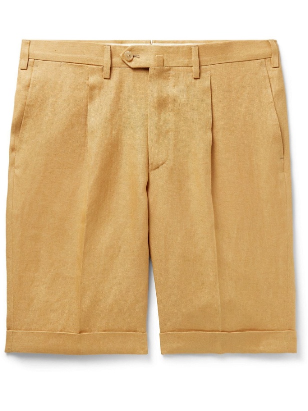 Photo: DE PETRILLO - Slim-Fit Pleated Linen Bermuda Shorts - Brown