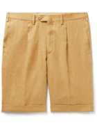 DE PETRILLO - Slim-Fit Pleated Linen Bermuda Shorts - Brown