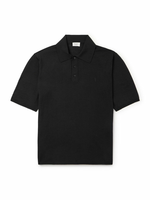 Photo: SAINT LAURENT - Cassandre Logo-Embroidered Wool Polo Shirt - Black