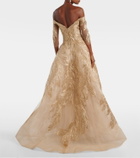 Monique Lhuillier Embroidered off-shoulder tulle gown
