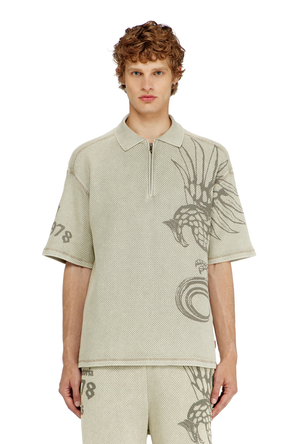Diesel Mesh-jacquard polo shirt with Phoenix print - Polos Mens in Beige