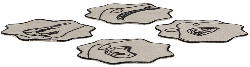 Misette Off-White Line Drawing Embroidered Linen Coaster Set