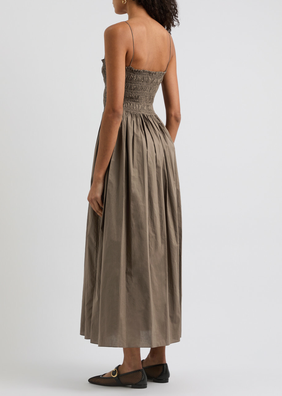 Matteau Smocked Cotton Midi Dress Khaki