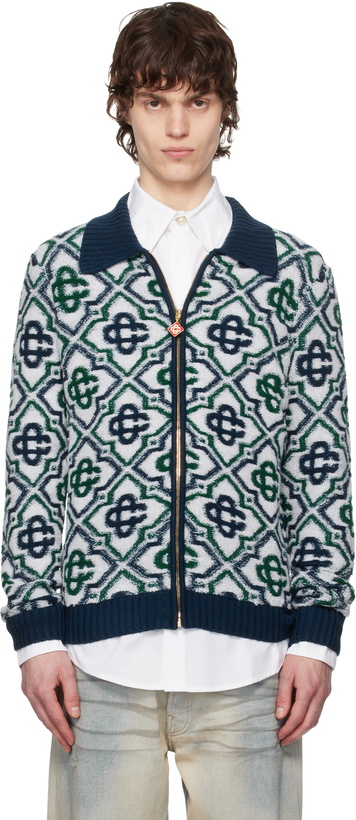 Photo: Casablanca Green & Navy Monogram Knit Zip Sweater