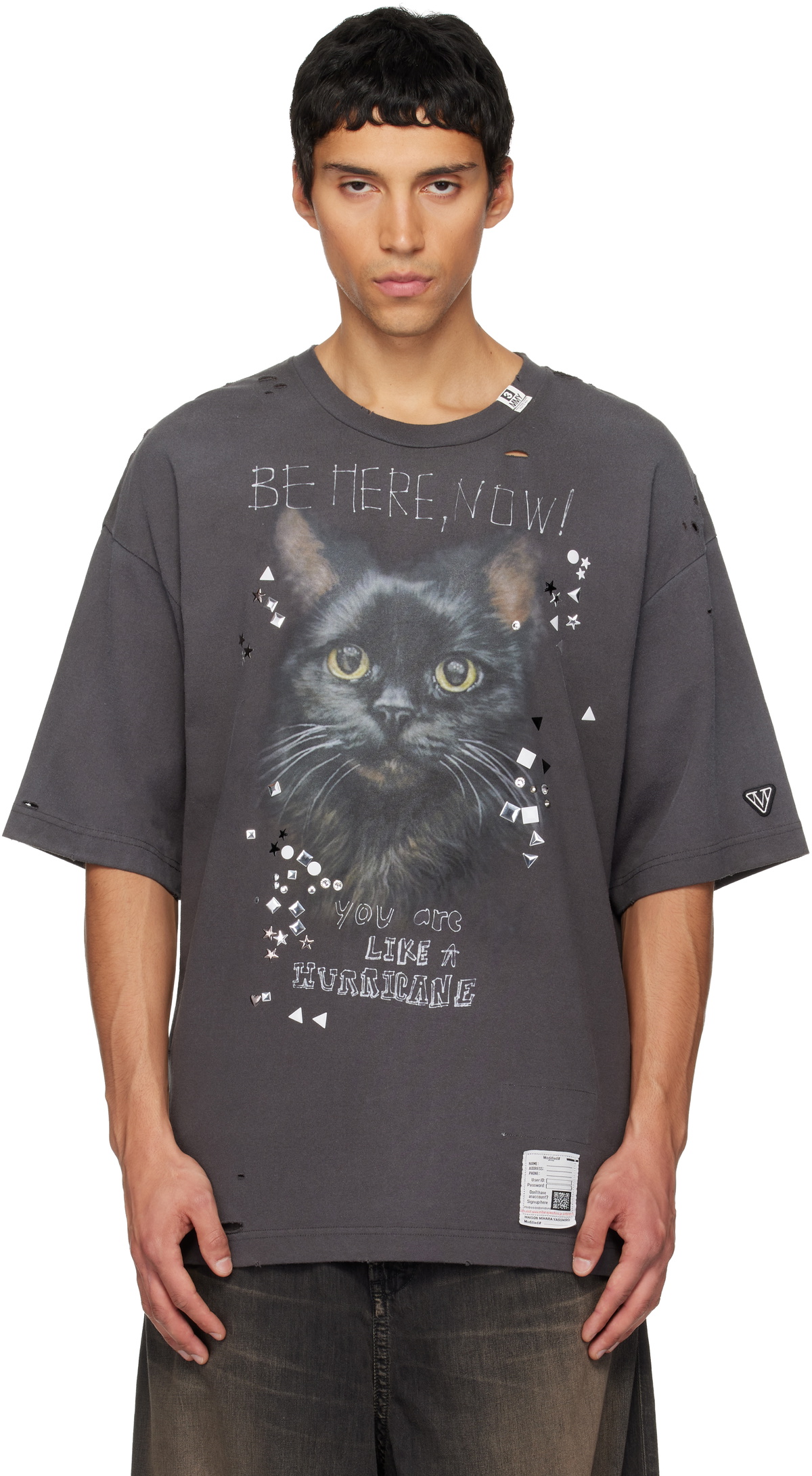 Maison MIHARA YASUHIRO Black Bleached Cat Print Long Sleeve T