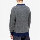 Beams Plus Men's Crochet Long Sleeve Polo Shirt in Navy/Grey