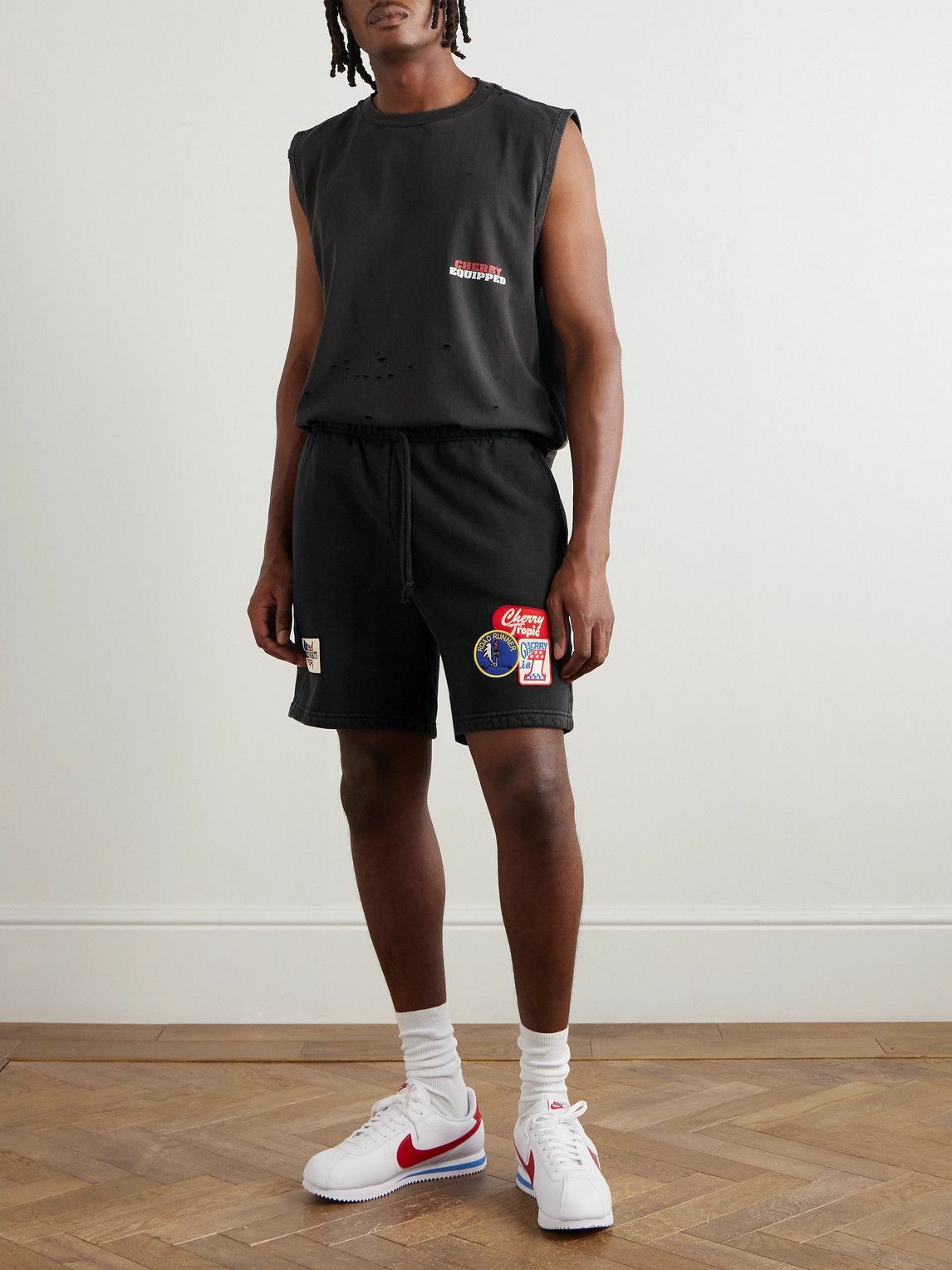 Cherry Los Angeles - Straight-Leg Appliquéd Cotton-Jersey Drawstring Shorts - Black