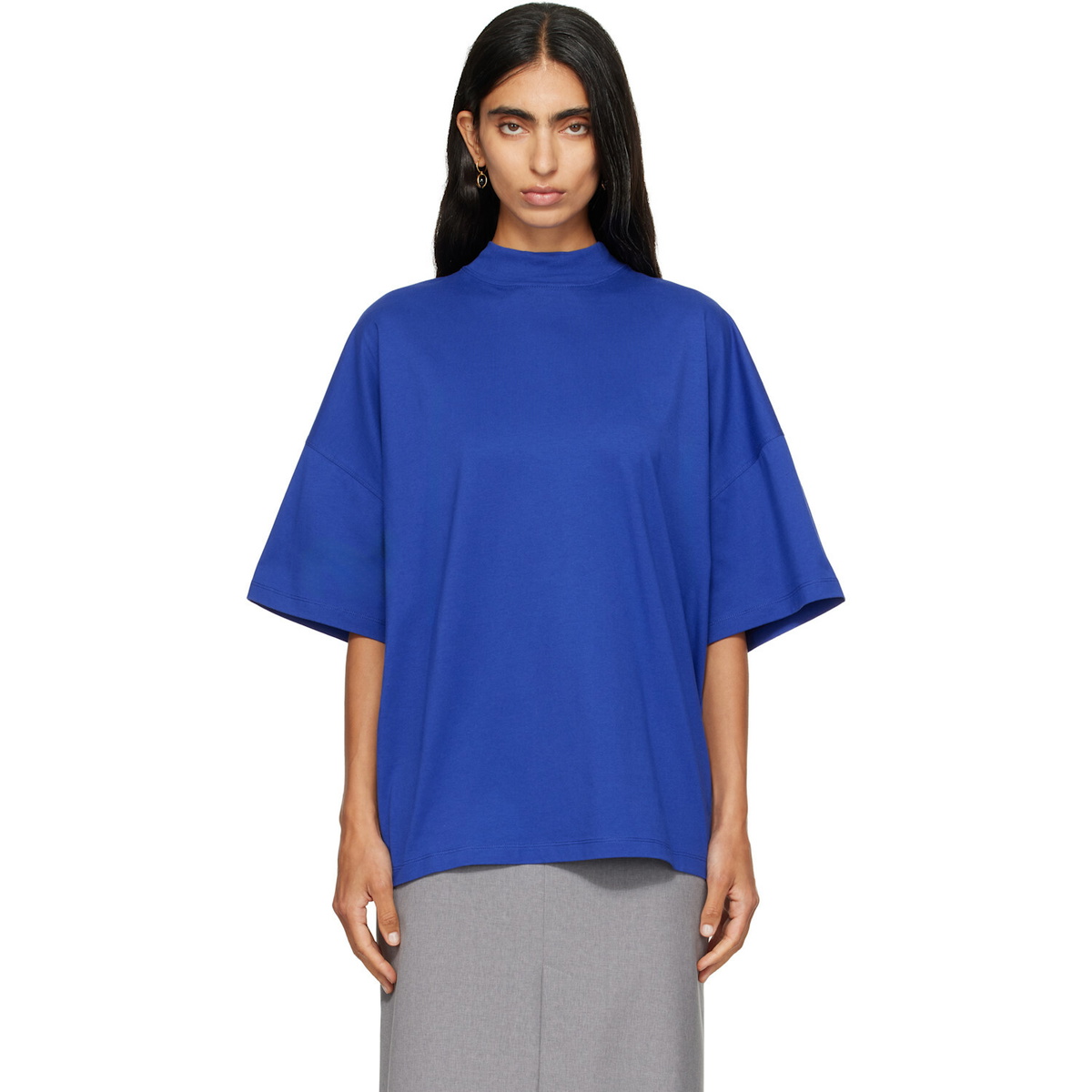 Jil Sander Blue Cotton Mock-Neck T-shirt
