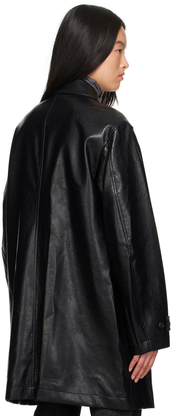 Youth Black Single-Breasted Faux-Leather Coat