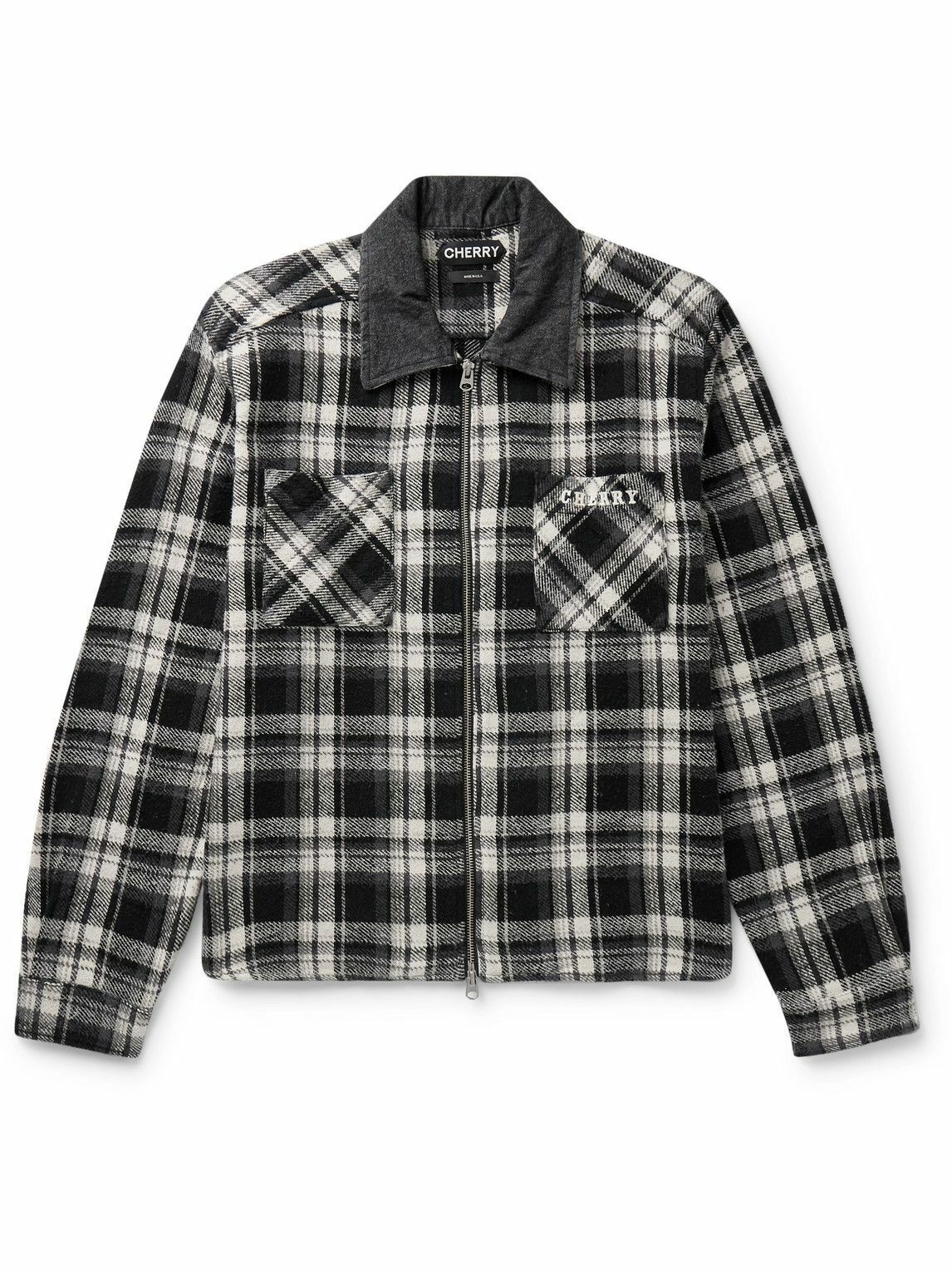 Photo: Cherry Los Angeles - Chambray-Trimmed Logo-Embroidered Checked Cotton-Flannel Shirt Jacket - Black