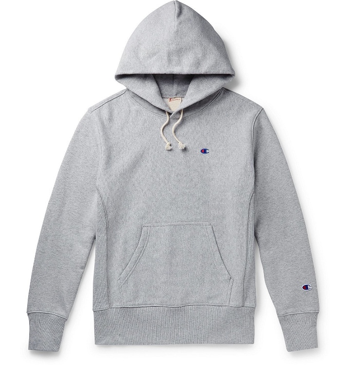 Photo: Champion - Logo-Embroidered Fleece-Back Cotton-Blend Jersey Hoodie - Gray