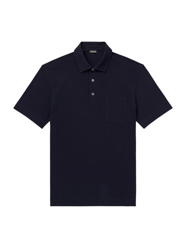 Photo: Zegna - Leather-Trimmed Cotton-Piqué Polo Shirt - Blue