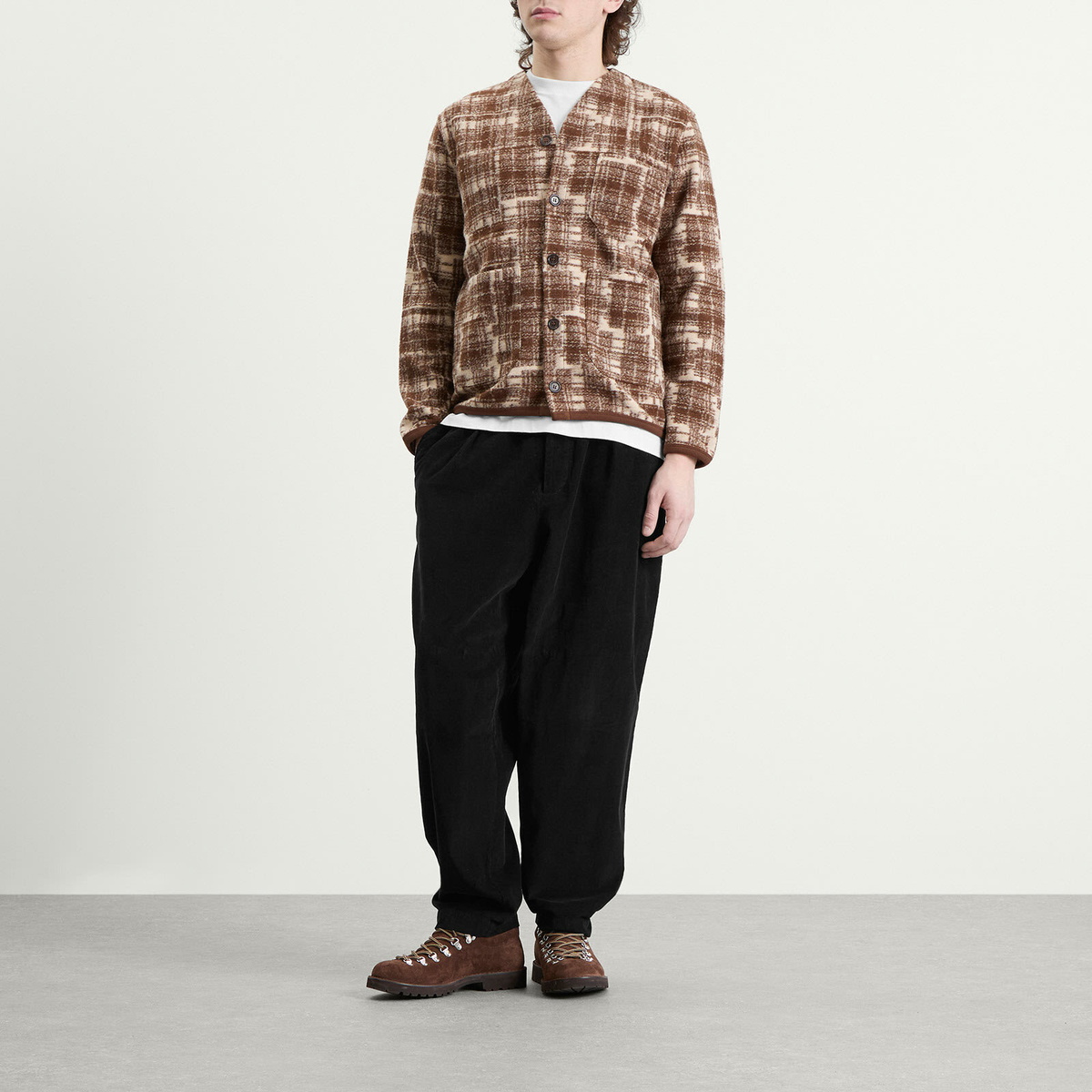 Universal Works Men's Patch Check Fleece Cardigan in Sand