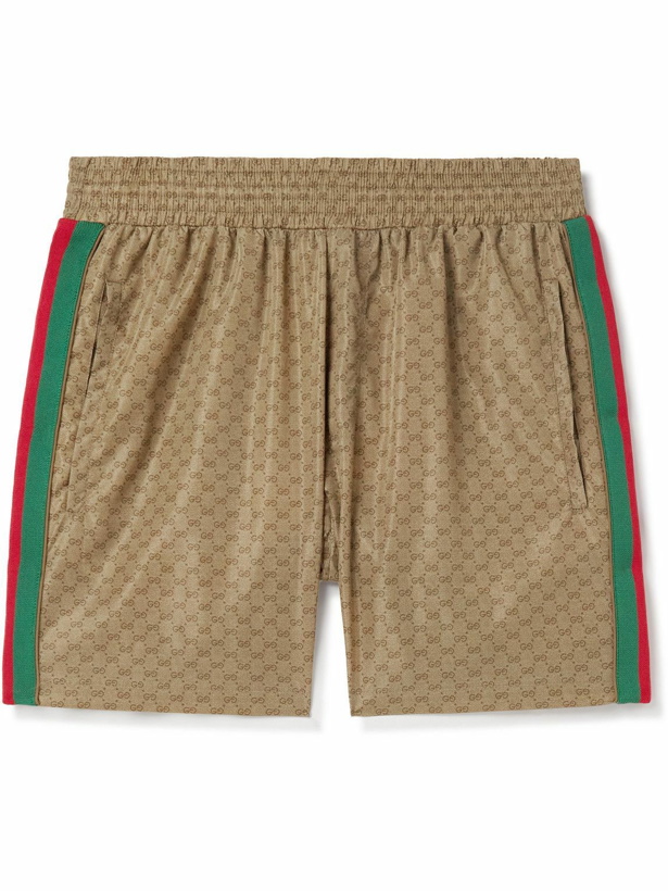 Photo: GUCCI - Slim-Fit Mid-Length Logo-Print Striped Swim Shorts - Neutrals