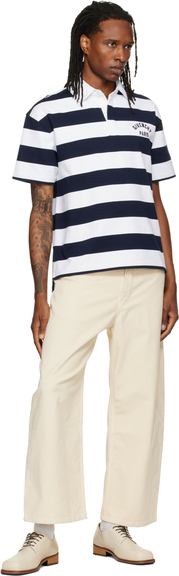 Givenchy White & Navy Striped 'Givenchy Paris' Embroidery Polo