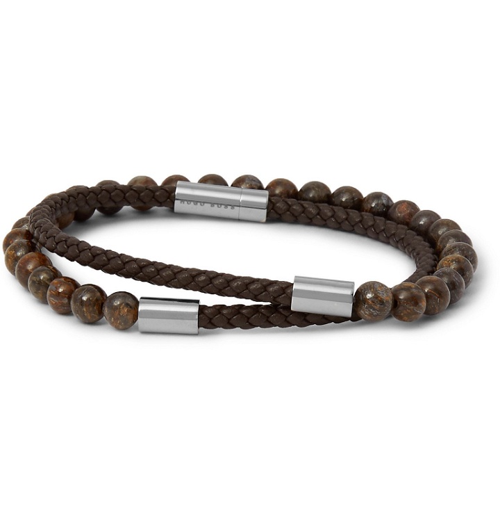 Photo: Hugo Boss - Braided Leather and Beaded Wrap Bracelet - Brown