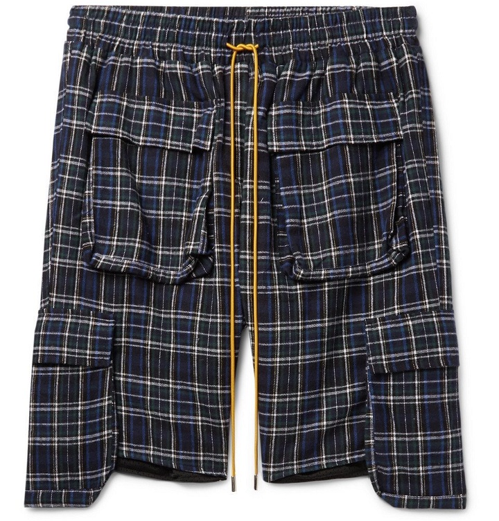 Photo: Rhude - Checked Brushed Cotton-Flannel Drawstring Cargo Shorts - Blue