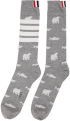 Thom Browne Grey Half Drop Bear & Salmon Socks